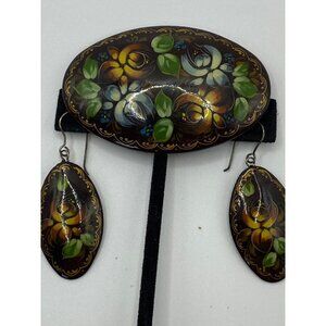 Hand-Painted Russian Floral Brooch & Earrings Set With Rich Glossy Finish